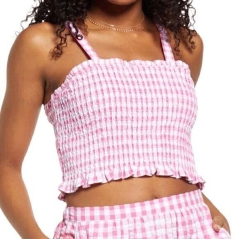 BP Nordstrom Smocked Gingham Ruffle Crop Tank Black White Large